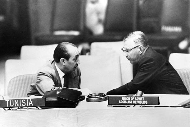 Picture released on July 22, 1960 of Mongi Slim (L) UN delegate of Tunisia, and Arkadiy Sobolev (R), permanent…